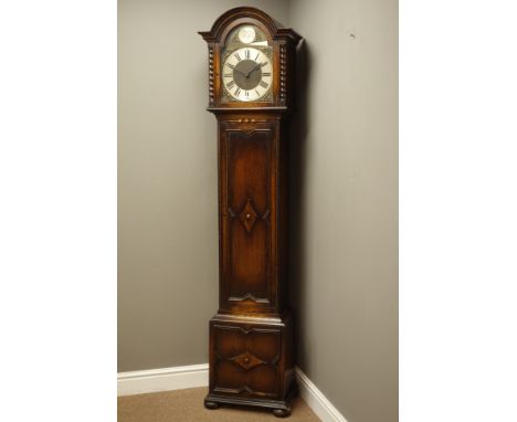 Early 20th century oak longcase clock in moulded panel case with arched dial, triple train movement Westminster/Wittington ch