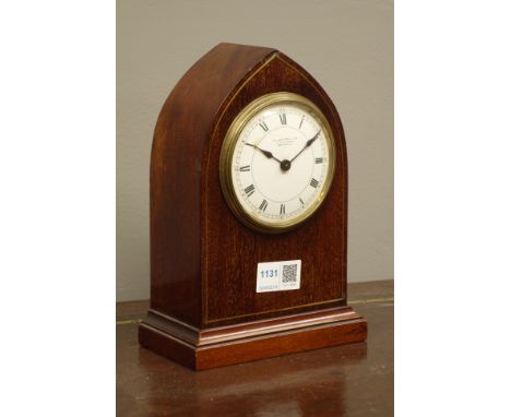 Edwardian inlaid mahogany mantle clock in lancet case, dial inscribed Jas. Ritchie Edinburgh, H22cm   Condition Report  Some 