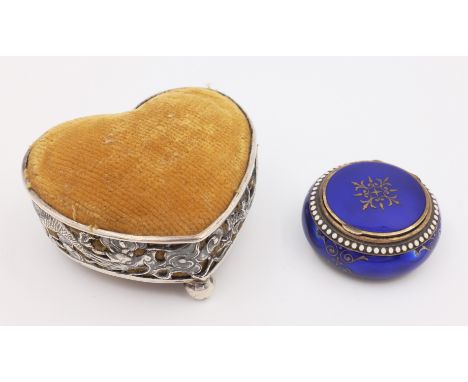 Dutch enamel and silver-gilt pill box stamped 925 and a Chinese silver heart shaped pin cushion with dragon border by Hung Ch