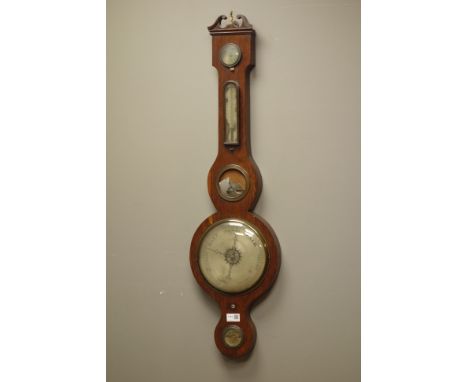 19th century osewood wheel barometer with thermometer, swan neck pediment and four silver dials with mirror, signed Stainland