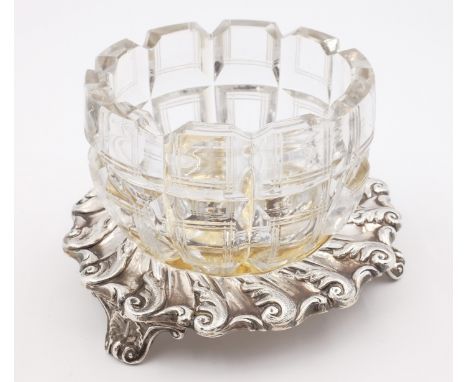 Victorian heavy silver and parcel gilt, cut crystal condiment stand, scroll and acanthus leaf decoration, by William Briggs S