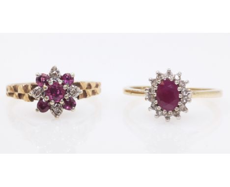 Two ruby and diamond gold rings hallmarked 9ct   Condition Report  flower cluster 3gm size Scluster 2.4gm size R  Click here 