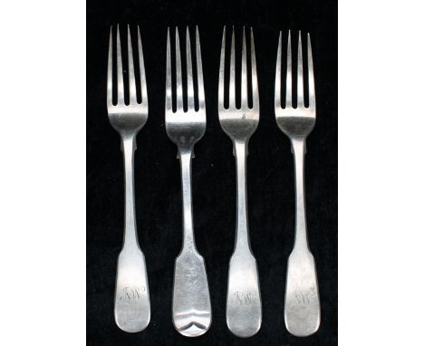Three George III silver dinner forks, maker William Bateman I, London 1817, monogrammed to the handles, 8" long; also another