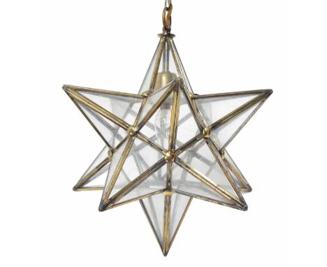 Vintage brass and glazed starburst faceted ceiling pendant light, 16" high excluding chain