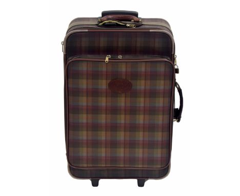 Mulberry tartan Scotch grain leather wheeled suitcase, 18" wide, 10" deep, 27" high 