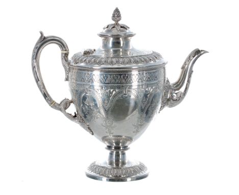 Good Victorian silver pedestal coffee pot, the hinged cover surmounted by an acorn finial, with leaf capped handle and spout,