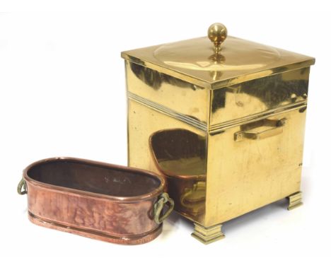 Arts &amp; Crafts style brass square fireside bin, 11" x 11", 15" high; together with a copper brass handled low oval planter