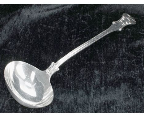 Victorian silver soup ladle, with deer crested handle, maker Charles Wallis, London 1853, 13" long, 9oz t 