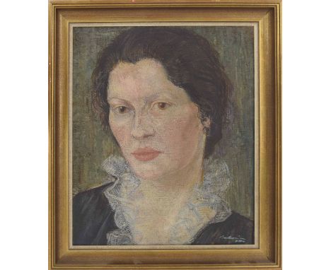 German School (20th century) - portrait of a lady, head and shoulders wearing a blue dress decorated with lace collar, indist