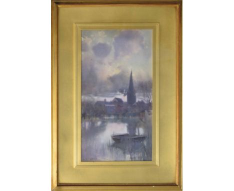 Hubert Coop (1872-1953) - boat upon a pond with a village and church beyond, signed, pencil watercolour and gouache, 16.75" x