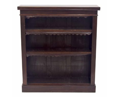 Victorian mahogany open bookcase, each shelf with tooled leather apron, raised on a short plinth base, 36" wide, 11" deep, 41