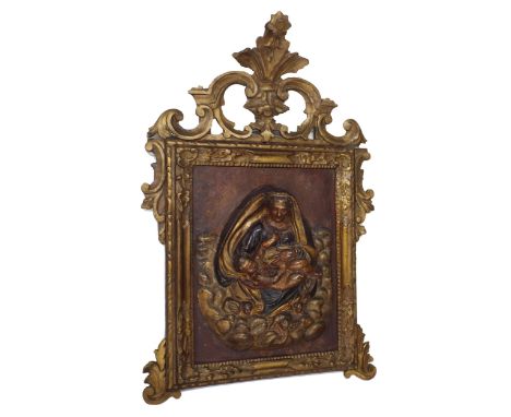 19th century Italian carved wood and gesso moulded Madonna and child scene,&nbsp;polychrome decorated within a decorative car