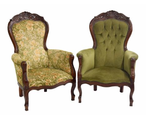 Pair of mahogany upholstered salon chairs in the Victorian style, one plain button upholstered, the other with floral upholst