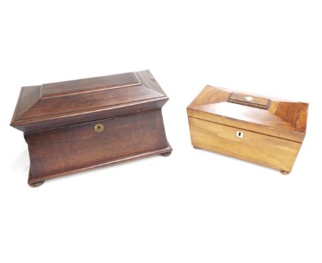 Victorian rosewood sarcophagus tea caddy, 14" wide, 8" deep, 8" high; together with a smaller Victorian rosewood tea caddy, 1