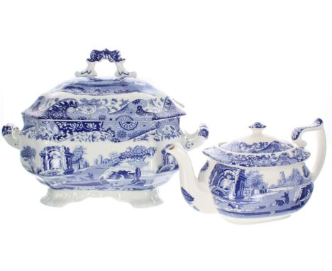Large Spode 'Italian' pattern blue and white transfer print tureen and cover, 14" wide, 9" deep, 10" high; together with a Sp