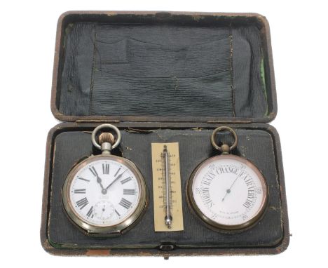 Swiss eight-day pocket watch; together with a pocket barometer, both contained within a silver mounted travel case with a the