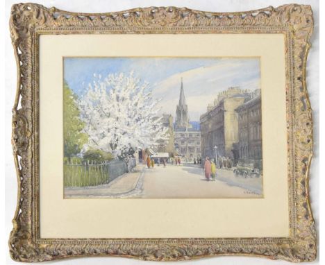 E* Horton (20th century) - Queen's Square, Bath, with figures and vintage cars beside a cherry blossom tree, signed, pencil a