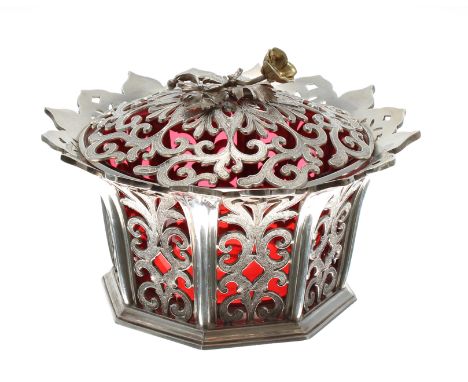 Victorian pierced silver dish and cover&nbsp;with cranberry glass liner, the cover with cast floral finial, of octagonal form