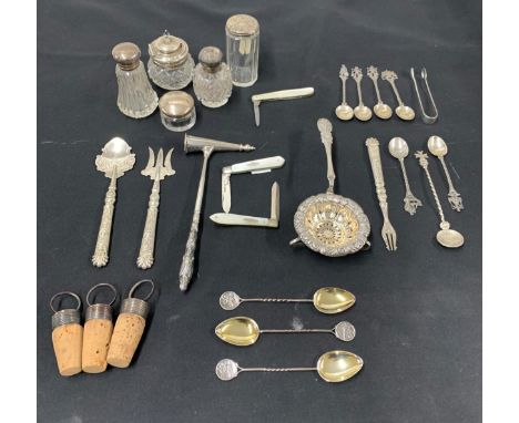 Selection of assorted vintage silver and silver plated souvenir teaspoons; together with silver pickle fork, toasting fork an