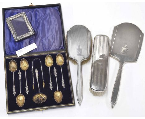 Victorian cased set of silver apostle teaspoons, sifting spoon and nips, maker S Blackensee &amp; Son, Birmingham 1896; toget