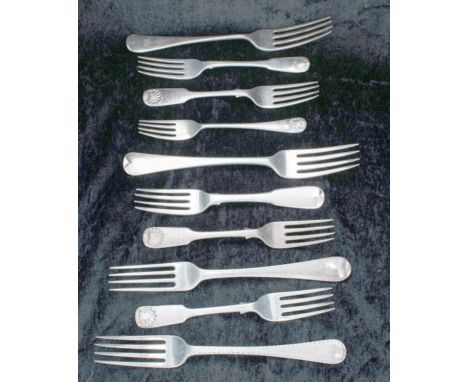 Selection of assorted Georgian and Victorian silver forks, including three dinner forks, longest 8.25" long, and six smaller 
