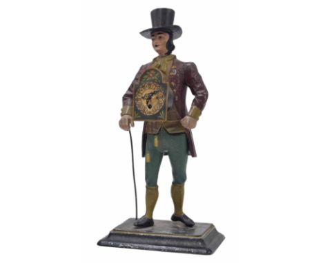 Novelty painted metal Pedlar clock, modelled as a man dressed in a red tunic, yellow waistcoat and neckerchief and green bree