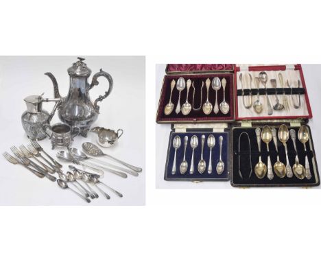 Selection of silver and silver plated teaspoons,&nbsp;some cased; together with further flatware various; also an engraved pl