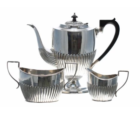 Matched late Victorian half reeded three piece silver tea set,&nbsp;maker Barker Brothers, Birmingham (sucrier and jug 1898,&