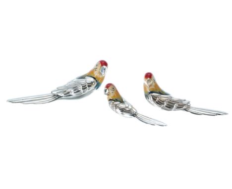 Italian graduated set of three silver and enamel models of parrots by Saturno, the largest 3.5" long (3) 