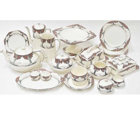 Crown Ducal Ware 'Orange Tree' pattern part dinner service, comprising teapot, coffee pot, butter dish, cheese dish, jugs, cu