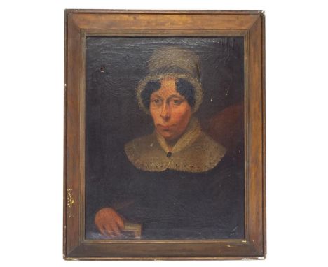 English School (19th century) - portrait of a lady, head and shoulders wearing a black dress with lacy collar and a lace bonn