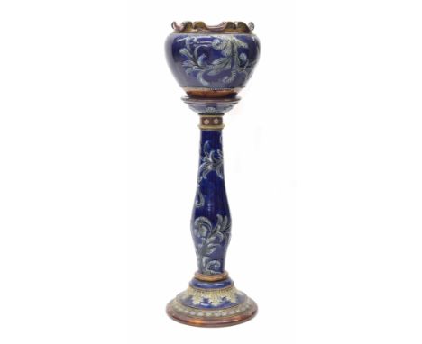 Royal Doulton stoneware jardiniere on stand;&nbsp;the jardiniere with wavy rim, decorated with raised stylised foliate spray 