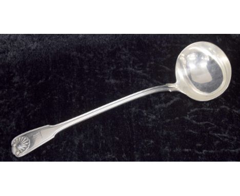 William IV silver soup ladle, threaded pattern with shell, engraved boot crest to the handle, maker Mary Chawner, London 1836