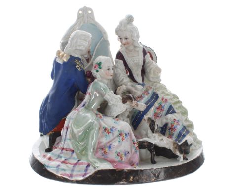 19th century German porcelain figural group, modelled as a lady sitting for an artist's portrait, another lady by their side 