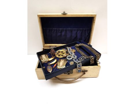 A jewellery box filled with a collection of antique and vintage jewellery, including a Victorian yellow metal (tests as highe