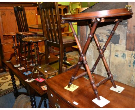 Two tripod wine tables; a mahogany tray on stand; an oak stool; a Chinese stand and a bracket (6)