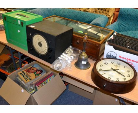 A 1940's Smiths electric wall clock; a school bell; Sound Sales radio and a sewing machine