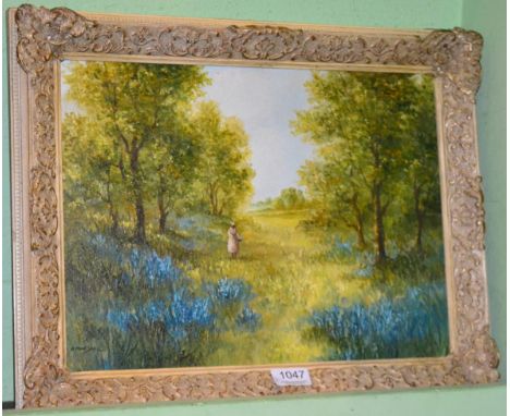 R Marshall, lady walking in a bluebell wood, signed, oil on panel; together with a companion 