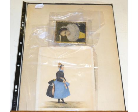 A 16th century style miniature portrait of a lady; a pair of French School pen and ink gendarme studies and another (4)