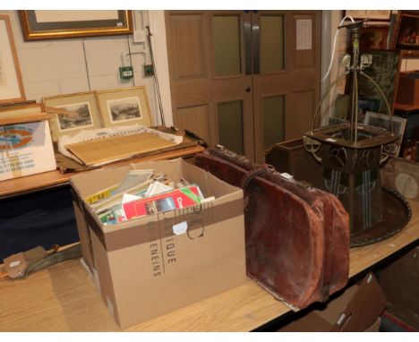 A secessionist style hanging hall lantern; a copper tray; maps; leather suitcase; fishing rod etc 