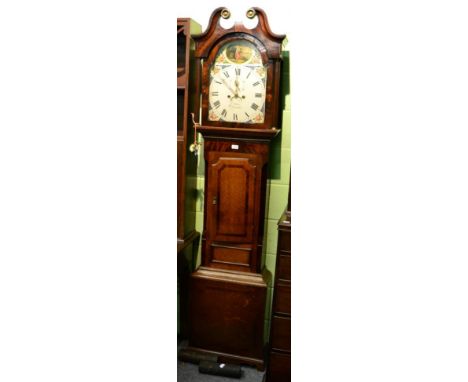 An oak and mahogany eight day longcase clock, swan neck pediment, mahogany crossbanded trunk door, 13-inch painted arched Rom