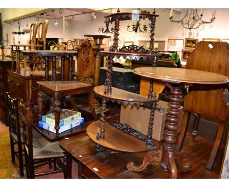 A foldover mahogany table; an oval marquetry table; a hall chair (a.f.), a whatnot; a jardiniere stand and a tripod table (6)
