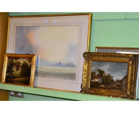 K S Tadd, atmospheric landscape, signed, watercolour; together with an unsigned oil on board, depicting a country cottage; an