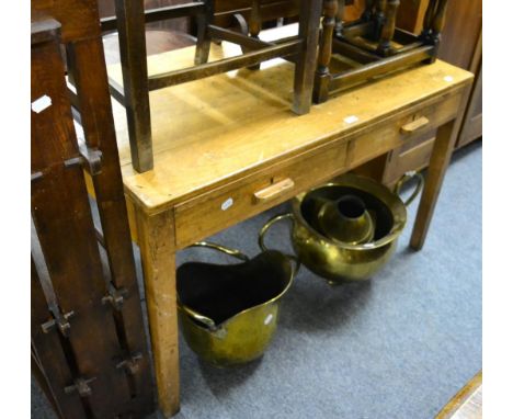 A two drawer school desk with inset inkwell