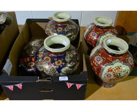Two pairs of crackle glazed 20th century vases; and an Oriental ceramic cat 