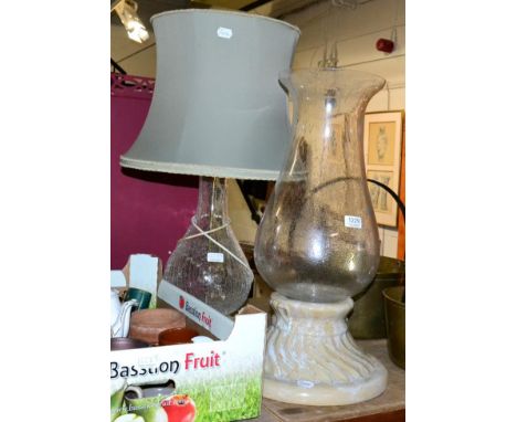 Large glass and pottery storm lantern, together with a glass table lamp and shade 