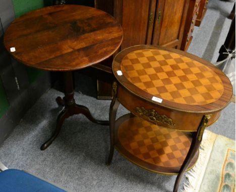 A gilt metal mounted oval side table and a tripod table (2)