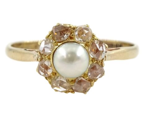 9ct gold pearl and rose cut diamond cluster ring, Birmingham 1970Condition Report:Approx 2.4gm, size Q, good condition  