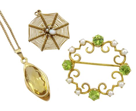 Gold opal and seed pearl spider web pendant, gold peridot and pearl circular brooch and an oval citrine pendant necklace, all