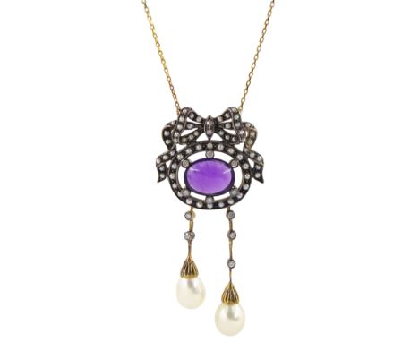 Oval cabochon amethyst diamond and pearl bow top pendant, on 9ct gold trace link necklace, stamped 375Condition Report:Pendan